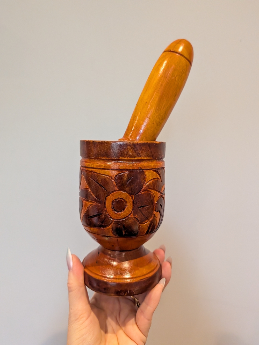 Handcrafted Carved Wooden Mortar and Pestle - Brown